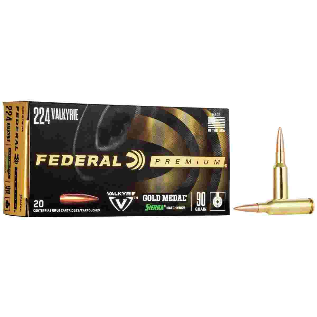 Federal Premium Gold Medal Sierra Matchking Ammunition .224 Valkyrie 90 gr 2700 fps BTHP 20/ct